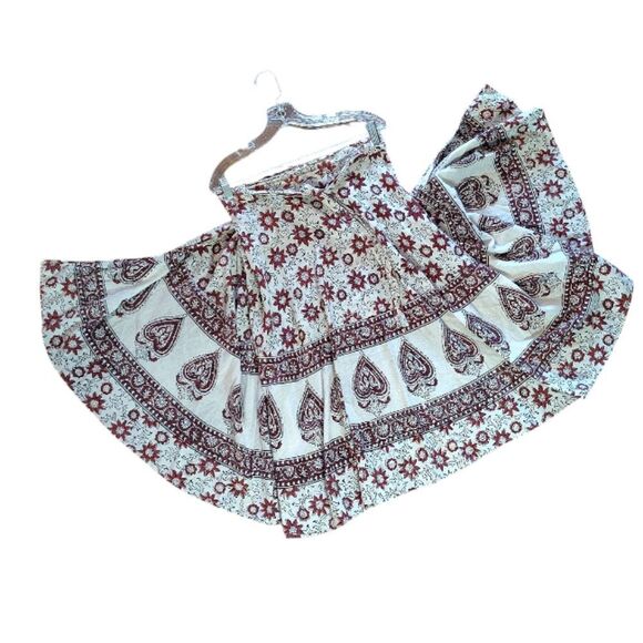 VTG India Cotton Off White Red Floral Block Print Midi Wrap Skirt *XS- Med - Picture 5 of 16